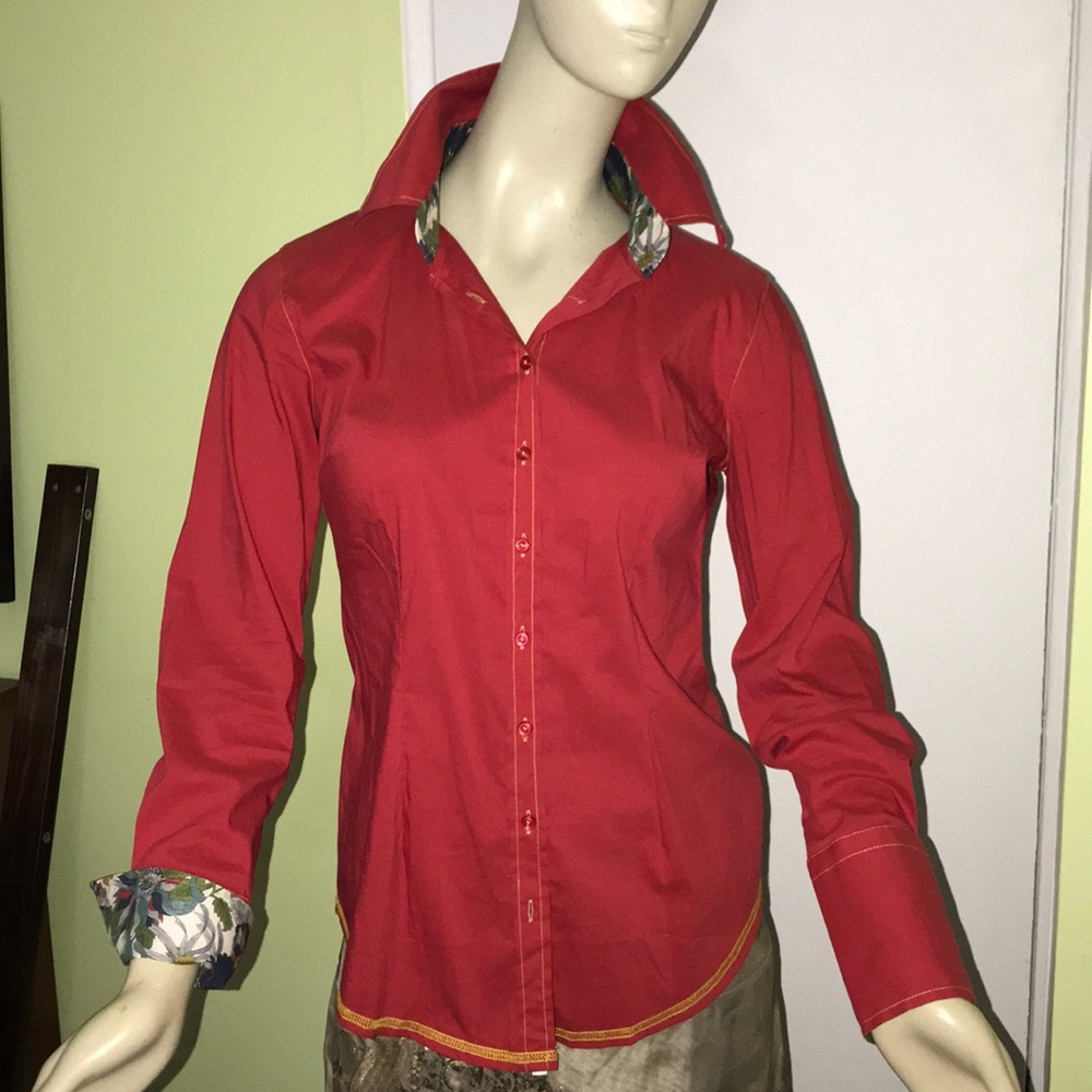 George Roth red cotton insert buttondown blouse XS